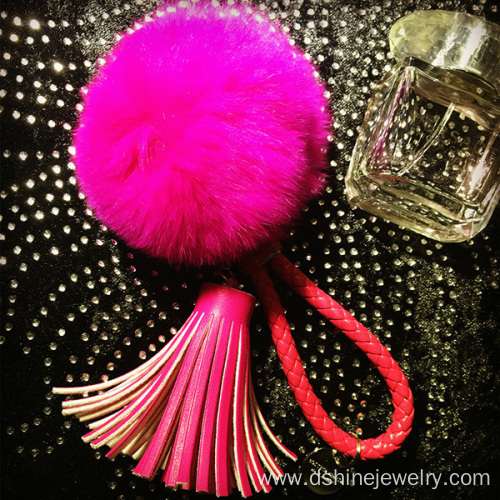 Leather Tassel Pendant Rabbit Pom Pom Ball Keyring For Woman